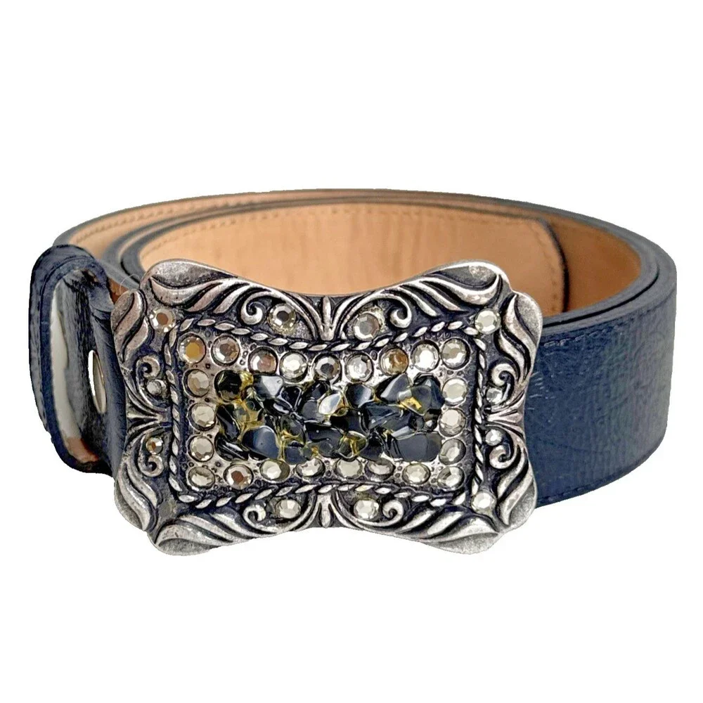 Vintage Y2K Leatherock USA Leather Belt Rhinestone Crystal Buckle Size Large